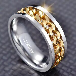 Titanium & Alloy Men's Statement Ring Silver with Gold Spinner Chain Band